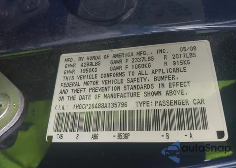 2008 Honda Accord Lxp z USA, uszkodzony, nr VIN 1HGCP26488A135796
